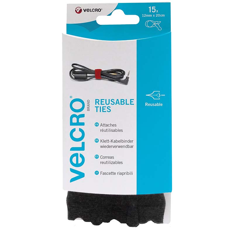 Attache-câbles ONE-WRAP® de marque VELCRO® - noir - 12mm x 20cm (x15)