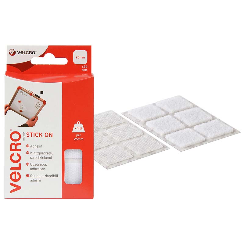 Pastilles auto-agrippantes VELSQUARE® de marque VELCRO® - Blanc - 25mm x 24past - Boucle et crochet