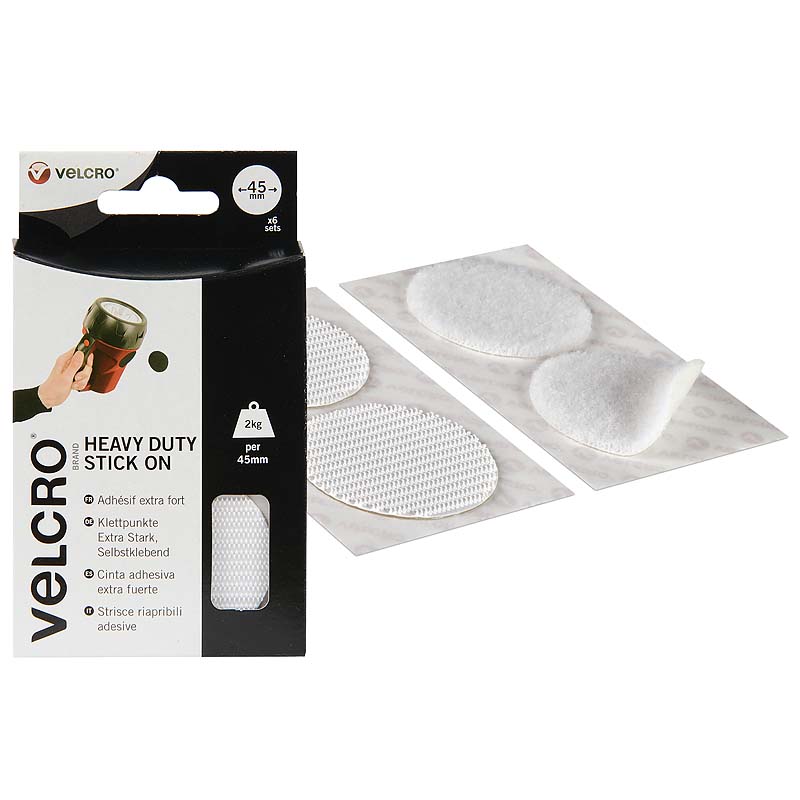 Pastilles auto-agrippantes VELCOIN® de marque VELCRO® extra-fort - Blanc - 45mm x 6past - Boucle et crochet plastique