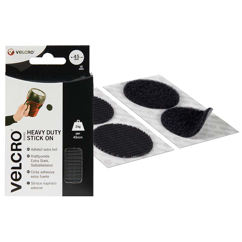 Pastilles auto-agrippantes VELCOIN® de marque VELCRO® extra-fort - Noir - 45mm x 6past - Boucle et crochet plastique