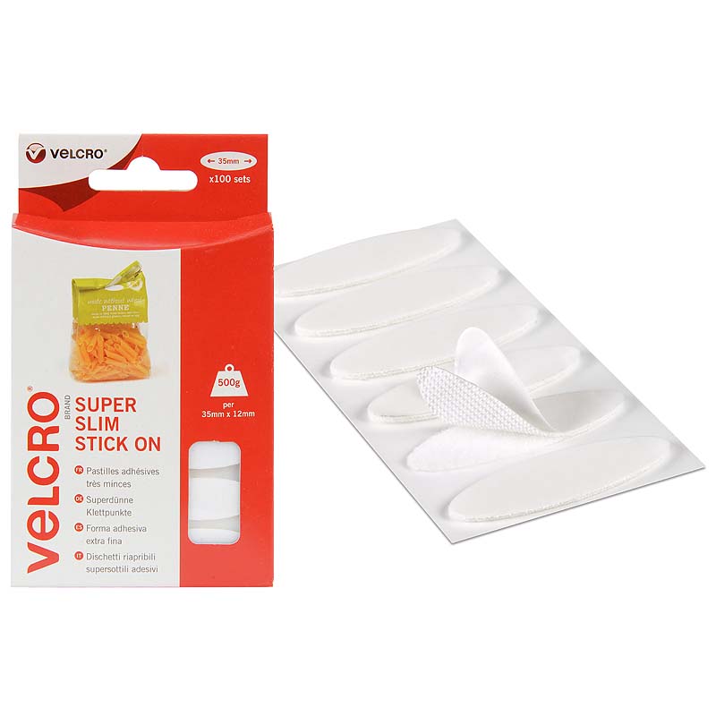 Pastilles auto-agrippantes EASY-COIN® de marque VELCRO® ovales et fines - Blanc - 12 x 35mm x 100past - Velours et champignon