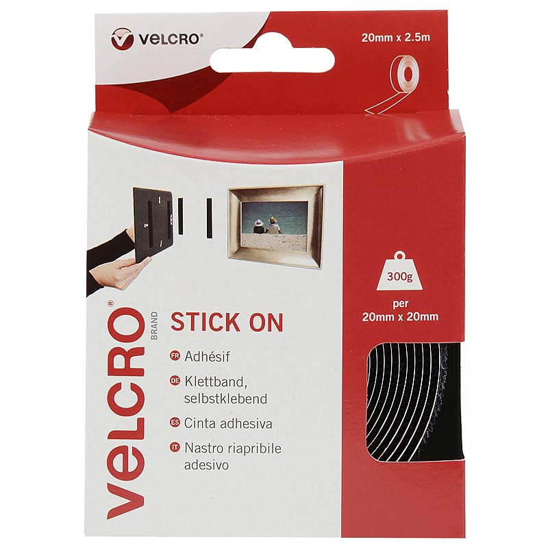 Auto-agrippant adhésif de marque VELCRO® standard - Noir - 20mm x 2,5m - boucle et crochet