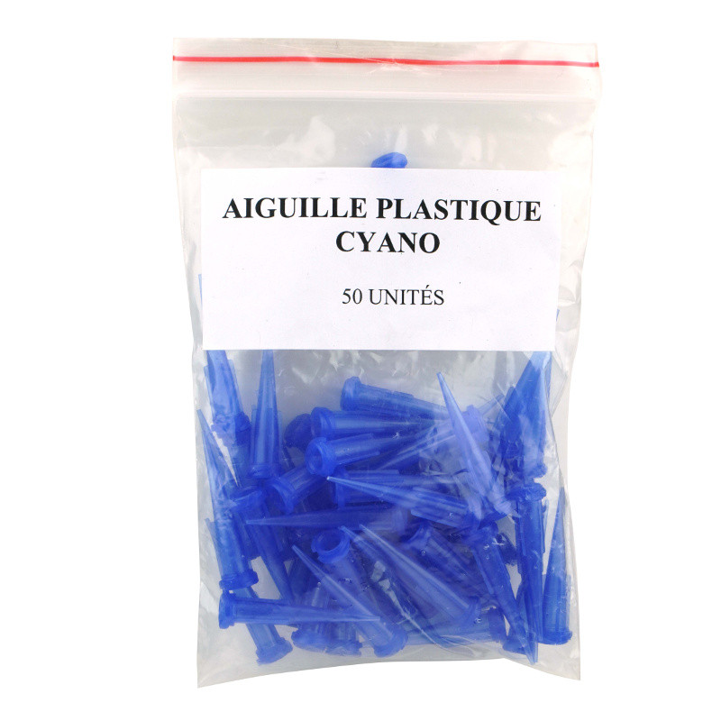 Photo d'un sachet de 50 aiguilles pour colle cyanoacrylate - Apporte justesse et précision, à visser directement sur le flacon