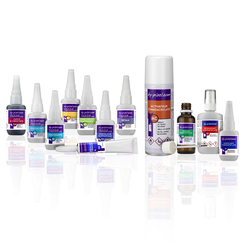 photo de la gamme complète de colle glue cyanoacrylate ainsi que des activateurs, dégraissant et dissolvants
