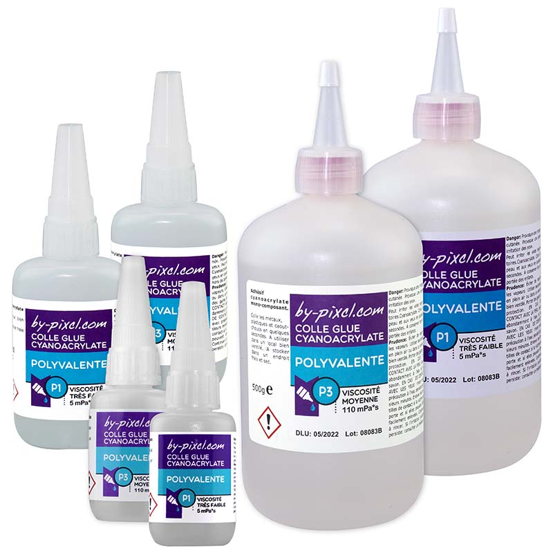 Photographie de notre gamme de colle polyvalente P1 et P3 en divers conditionnement.