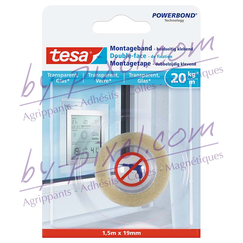 Ruban double-face tesa pour surfaces transparentes - 19mm - rouleau de 1,5 m
